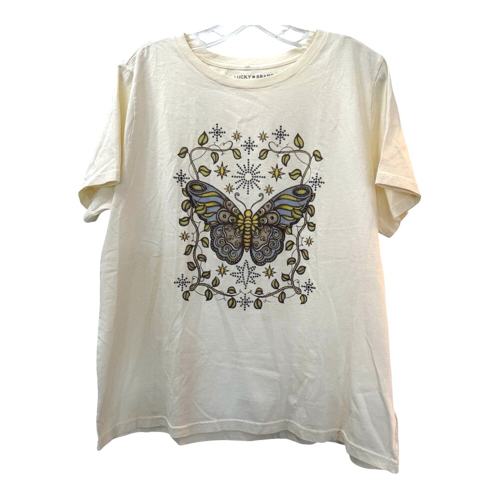 Lucky Brand Embellished Studded Butterfly Tee Shirt Womens Size XL Cream NWOT